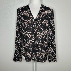 LC Lauren Conrad Womens Black Pattern V-Neck Long Sleeve Button Top Size XS EUC